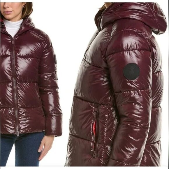 New Save the Duck Short Jacket Puffer Hooded Burgundy Size XS - Picture 1 of 8